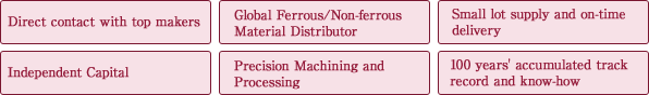 Direct contact with top makers/Global Ferrous/Non-ferrous Material Distributor /Small lot supply and on-time delivery /Independent Capital /Precision Machining and Processing /100 years' accumulated track record and know-how